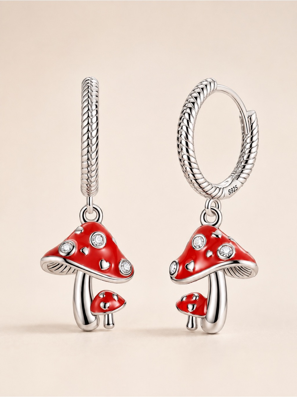Red Mushroom Silver Drop Hoop Earrings